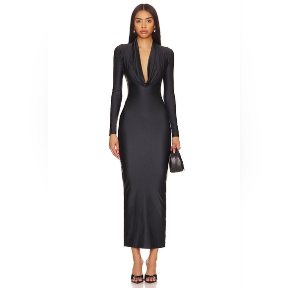 NWT $159 GOOD AMERICAN Deep Cowl Front Maxi Dress in Black Size Small - Picture 1 of 1